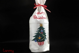   Christmas wine bottle cover-hand embroidered pine tree with pot